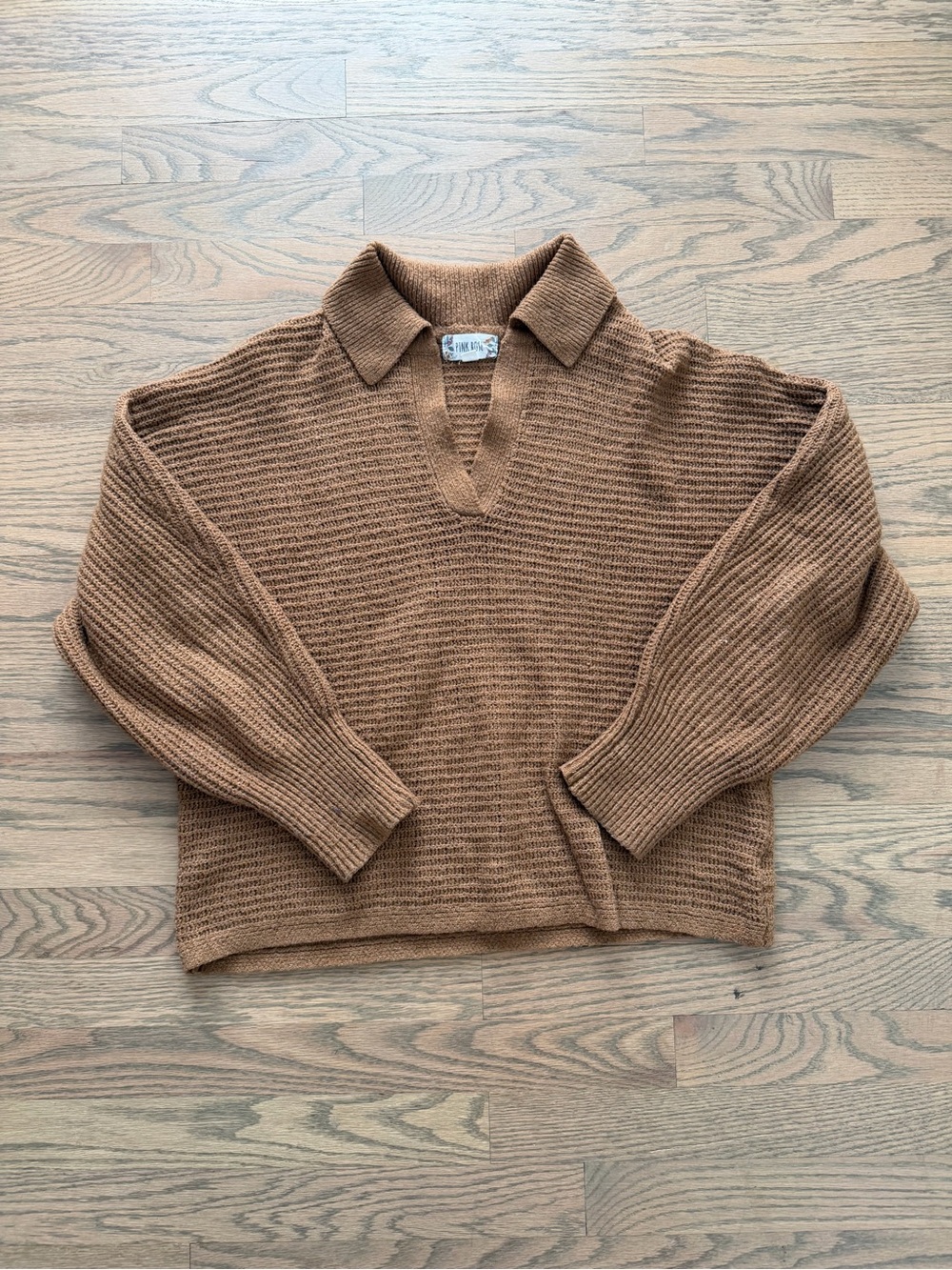 Pink Rose Brown V-Neck Collared Knit Sweater
